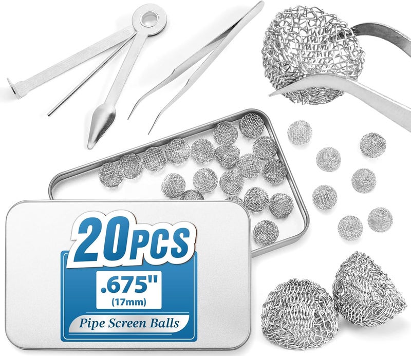 STANKER Pipe Screens Ball Filter, Included 3-in-1 Cleaning Tool and Tweezer Accessory, 20 Pcs 0.675 Inch 17mm Stainless Steel Bowl Mesh Balls with Metal Box - Image 1